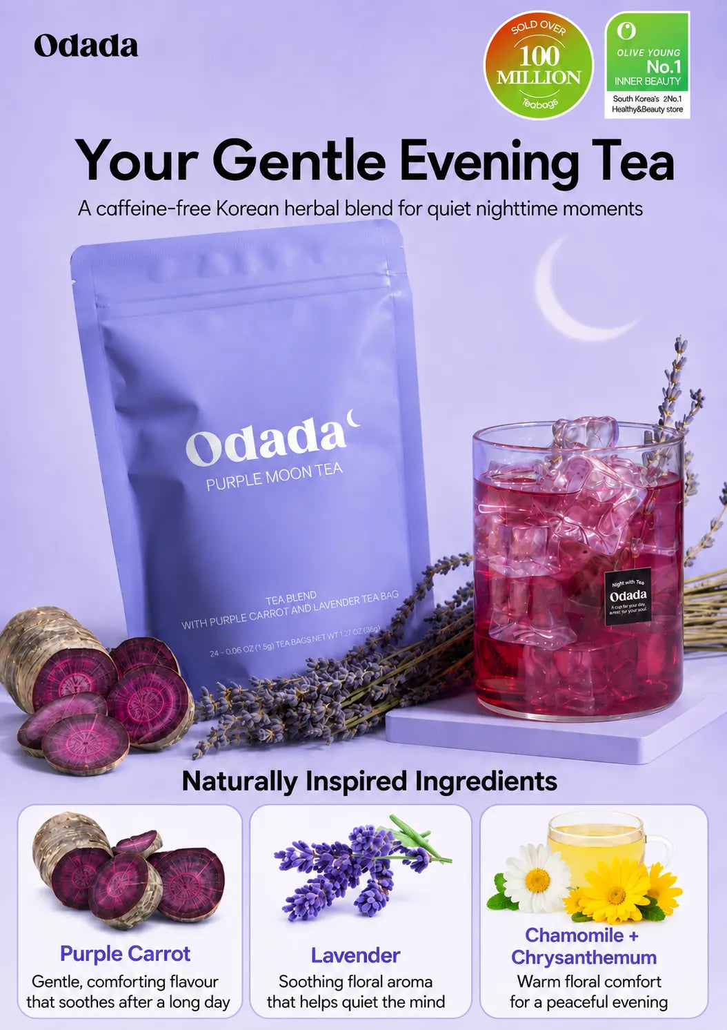 Odada Purple Moon Tea advertisement featuring a blue stand-up pouch of herbal tea, a glass of deep pink-red tea with ice, sliced purple carrots, lavender sprigs, and chamomile flowers on a light lavender background.